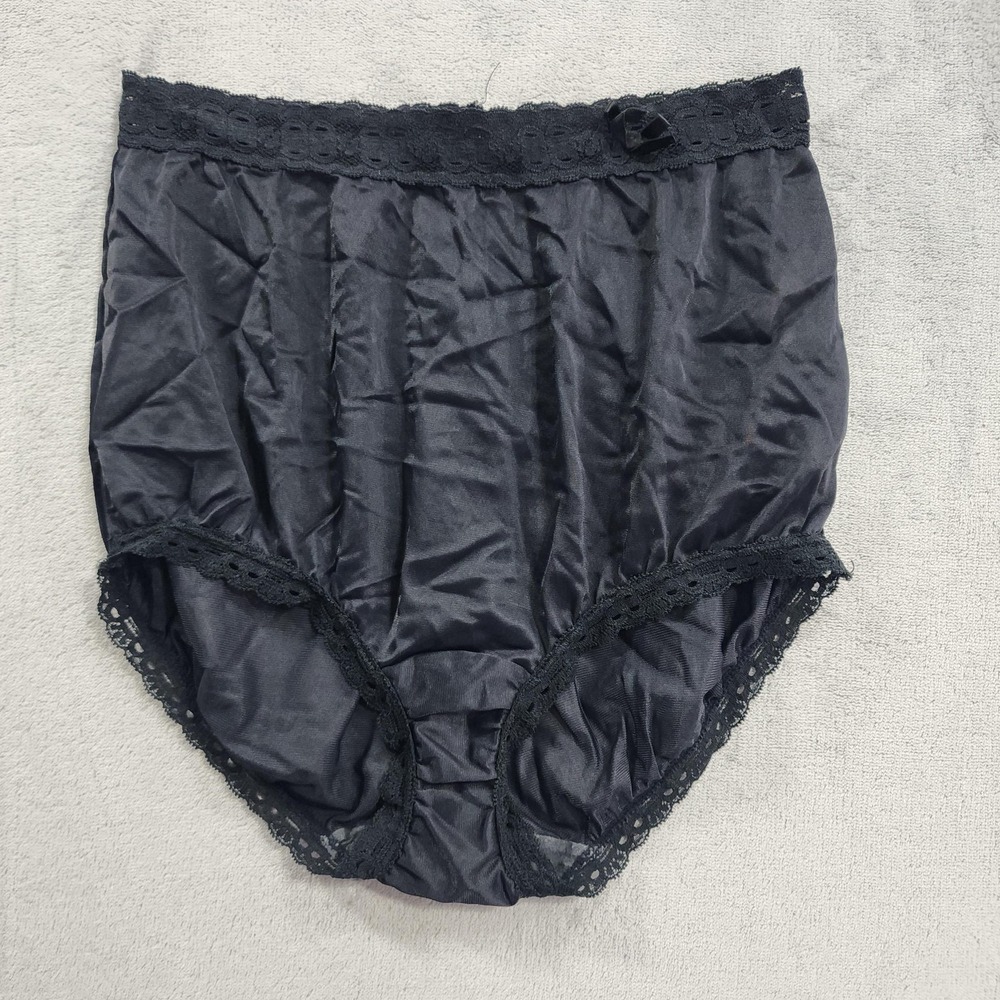 Vintage Olga Satin Panties Womens 5 Black High-Waist Lace Full Briefs Bow Sissy